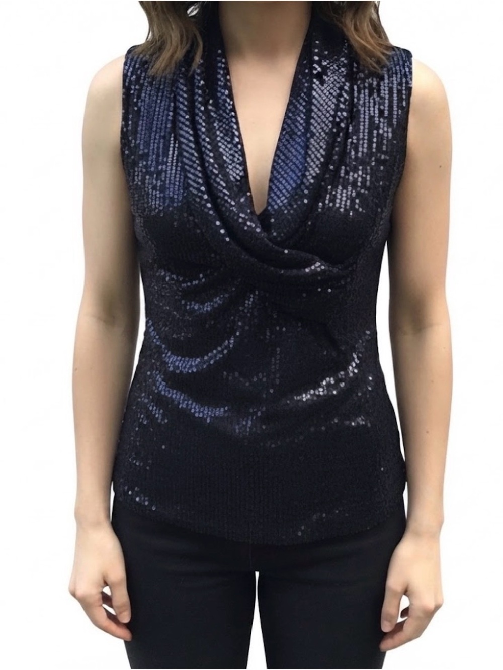 Ann Taylor Sleeveless Navy Sequin Wrap Top Size 6